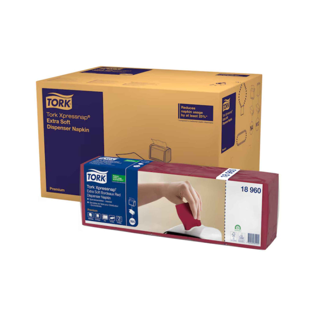 Tork N4 Extra Soft 2‑lags servietter 18960 i bordeaux, ekstra bløde, reducerer forbrug, premium kvalitet og sikrer hygiejne.