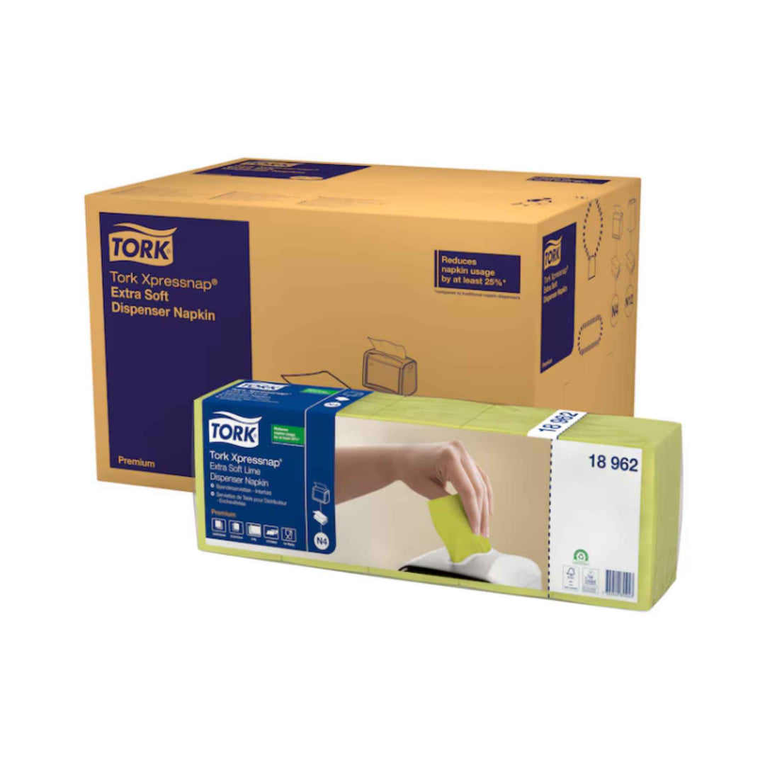 Tork N4 Extra Soft 2‑lags servietter 18962  i lime, ekstra bløde, reducerer forbrug, hygiejnisk emballage og frisk farve.