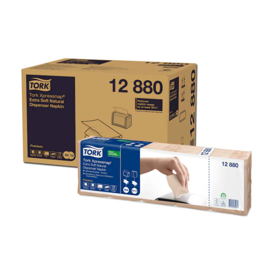Tork N4 Extra Soft 2‑lags servietter 12880 i natur, 8000 stk., ekstra bløde, 100% genbrug, reducerer forbrug og komposterbar.