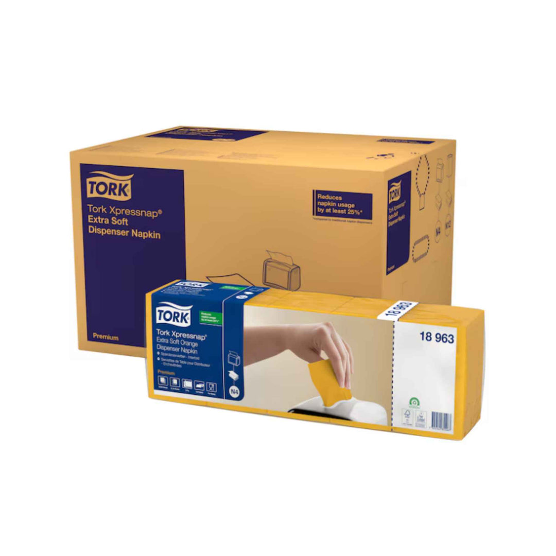 Tork N4 Extra Soft 2‑lags servietter 18963 i orange, ekstra bløde, reducerer forbrug, hygiejnisk emballage og livlig farve.