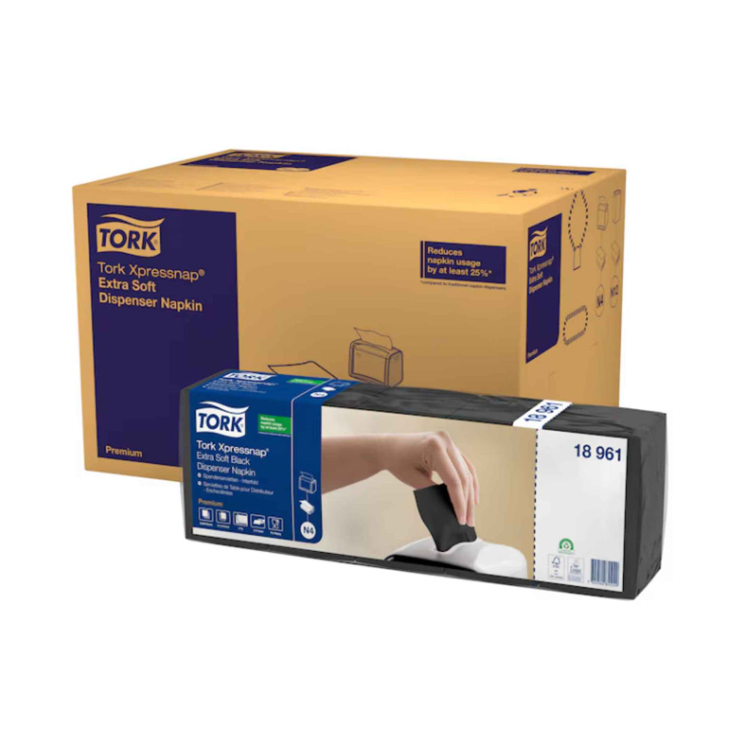 Tork N4 Extra Soft 2‑lags servietter 18961 i sort, ekstra bløde, reducerer forbrug, hygiejnisk emballage og stilfuld atmosfære.