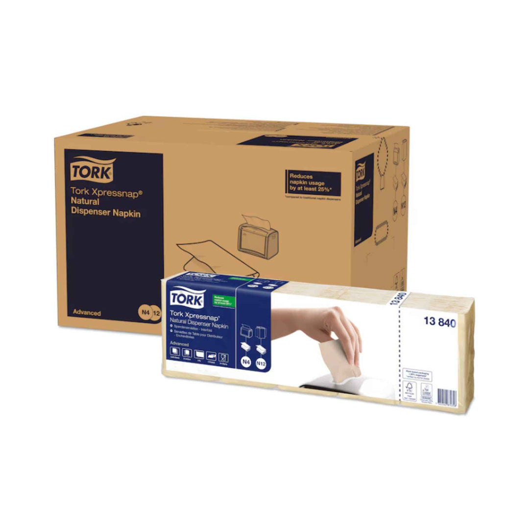 Tork N4 Natur 1‑lags servietter 13840 af 100% genbrug, ét‑ad‑gangen funktion reducerer forbrug og naturligt udseende.