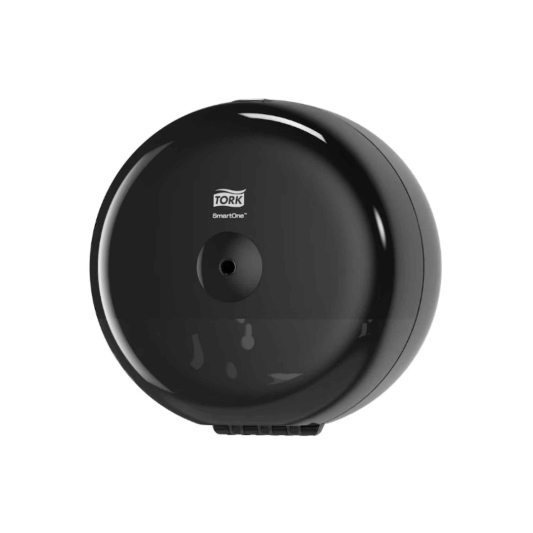 Tork SmartOne Mini T9 toiletpapirdispenser 681008 i sort med ét‑ad‑gangen funktion, høj kapacitet, lås og forbedret hygiejne.