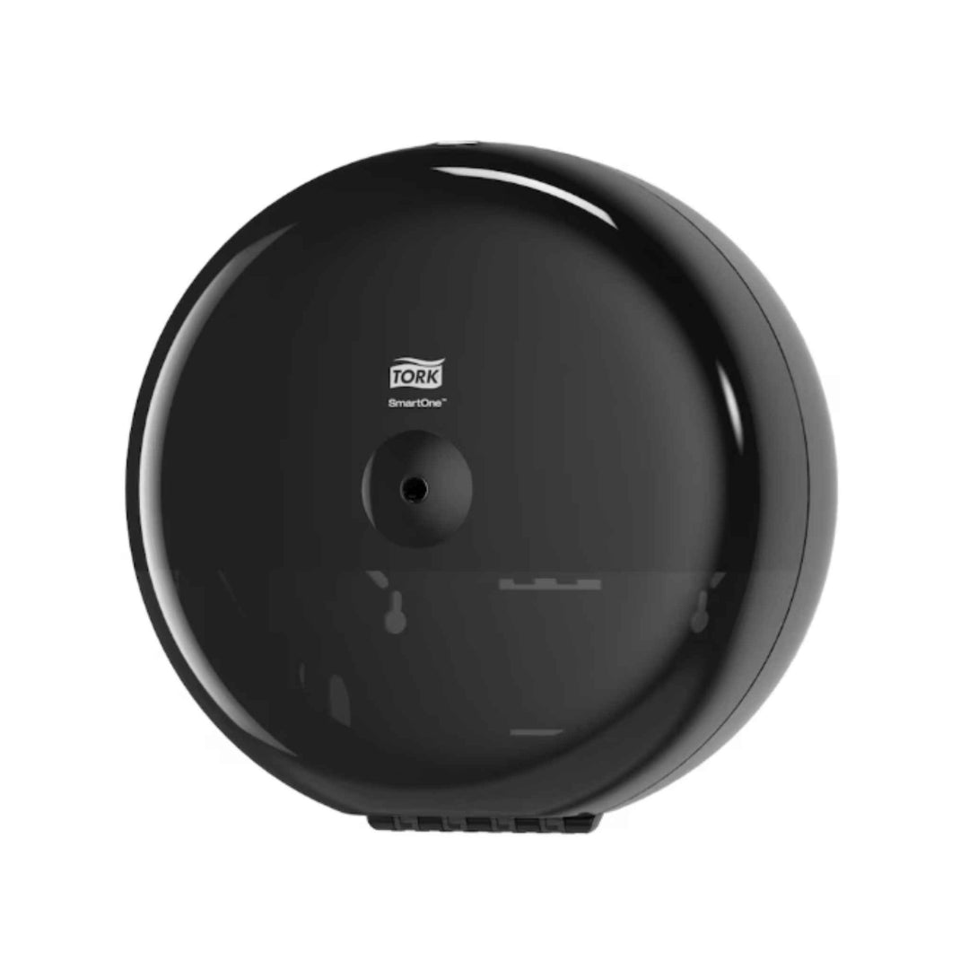 Tork SmartOne T8 toiletpapirdispenser 680008 i sort med én‑ad‑gangen funktion, høj kapacitet, lås og forbedret hygiejne.