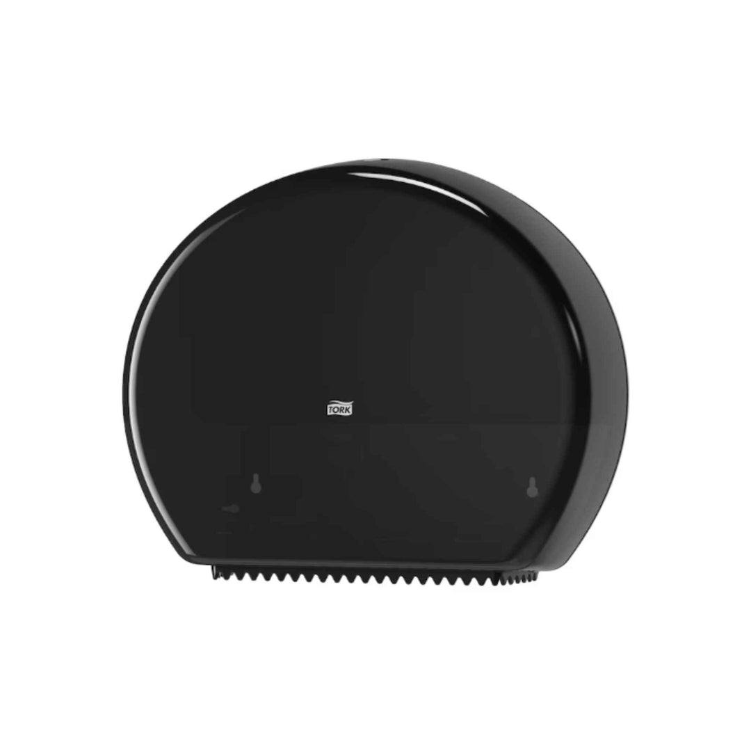 Tork T1 Jumbo toiletpapirdispenser 554008 i sort med høj kapacitet, stubrullefunktion, rullebremsen og gennemsigtigt vindue.