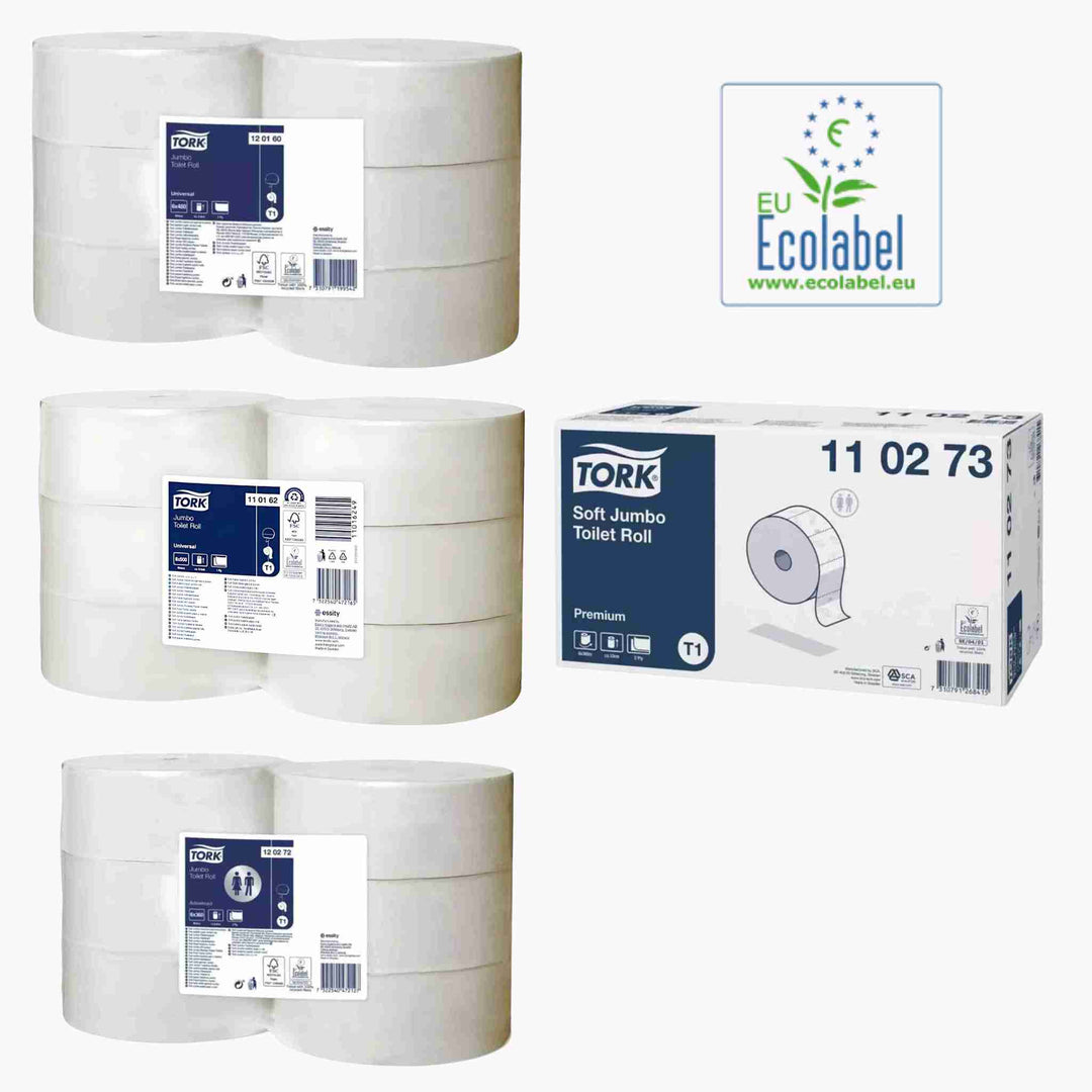 Tork T1 papir fra Jumbo-serien: Høj kapacitet og driftssikker løsning til travle toiletter med færre genopfyldninger.