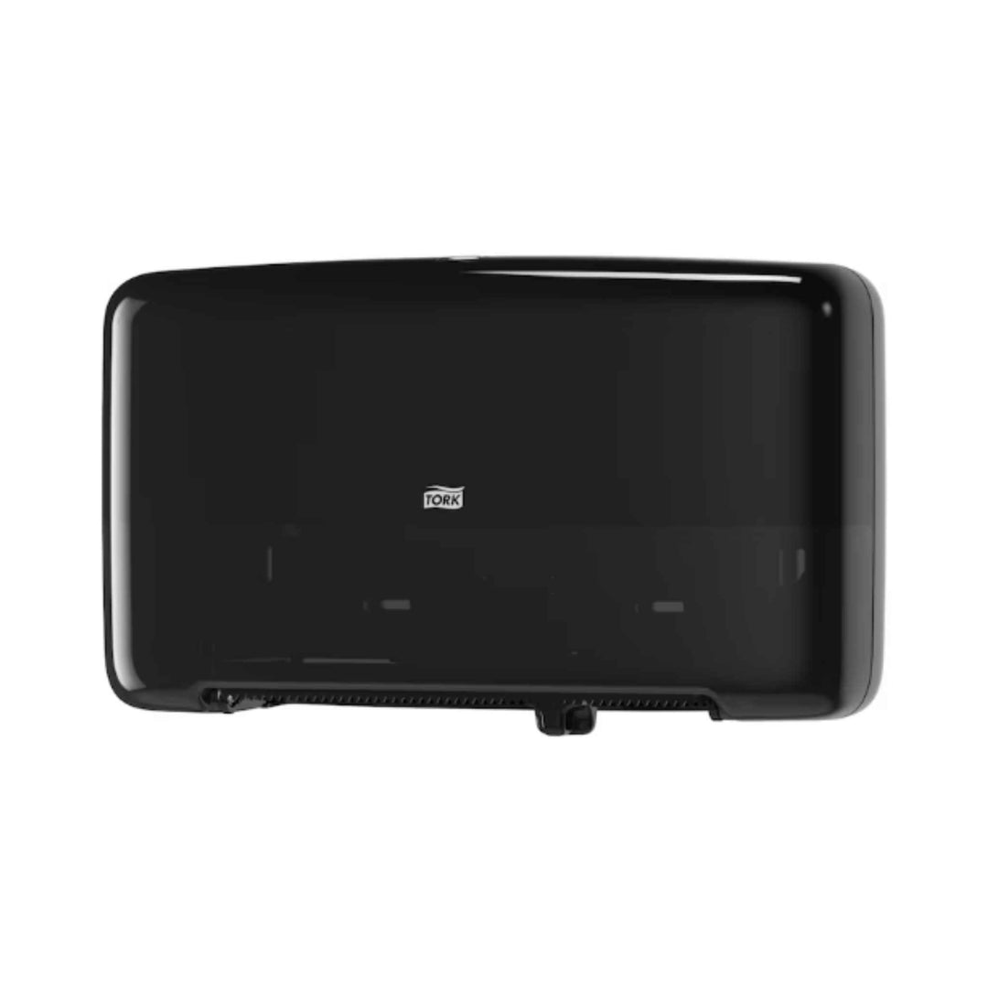 Tork T2 Jumbo Mini Twin toiletpapirdispenser 555508 i sort med dobbeltrulle, høj kapacitet, gennemsigtigt vindue og lavt spild.