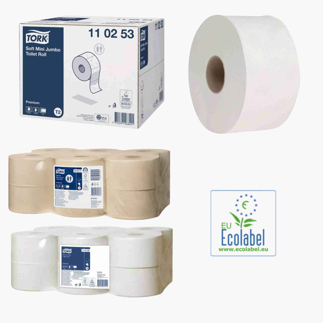 Tork T2 papir: Mini jumbo toiletruller med høj kapacitet, færre opfyldninger og lavere driftsomkostninger.