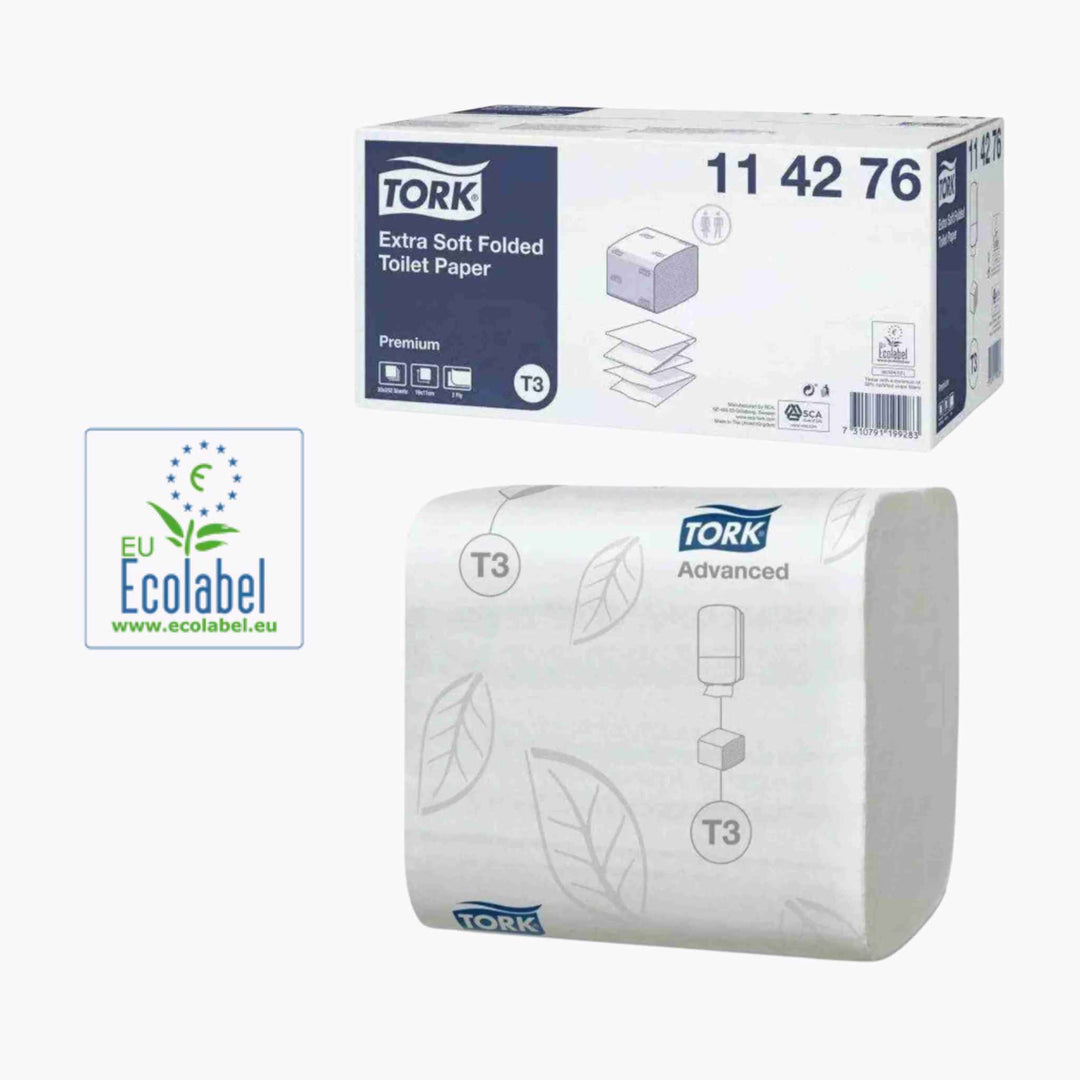 Tork T3 papir: Foldet toiletpapir med én-ad-gangen dispensering for hygiejne og komfort.