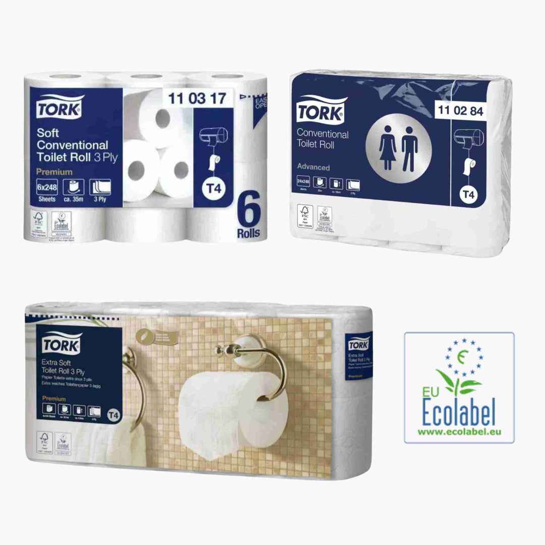 Tork T4 papir: Klassisk toiletpapir i flere lag og kvaliteter, ideelt til toiletter med lav trafik.