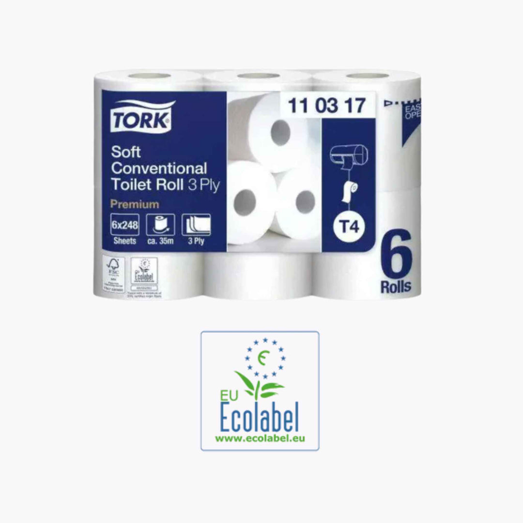 Tork T4 Premium Soft 3-lags toiletpapir – blødt, bæredygtigt og ideelt til komfortabel brug i toiletter med lav brugerfrekvens.