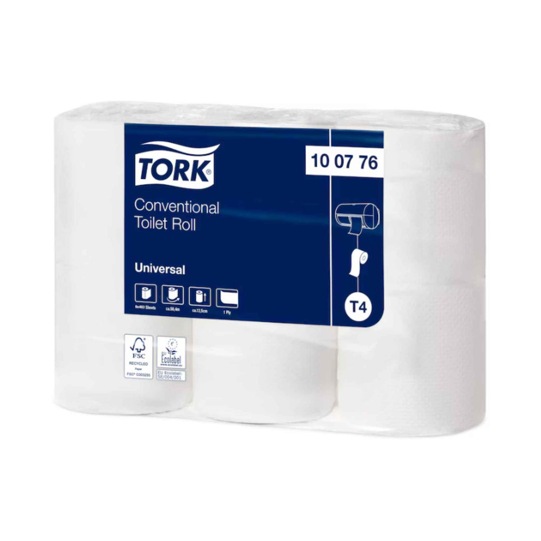 Tork T4 Universal 1‑lags toiletpapir 100776, 50,4 m x 48 rl., økonomisk, elegant design, perforeret papir og minimal spild.