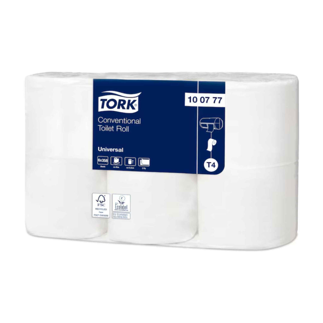 Tork T4 Universal 2‑lags toiletpapir 100777, 44,8 m x 42 rl., økonomisk løsning med elegant mønsterdesign og nem perforering.