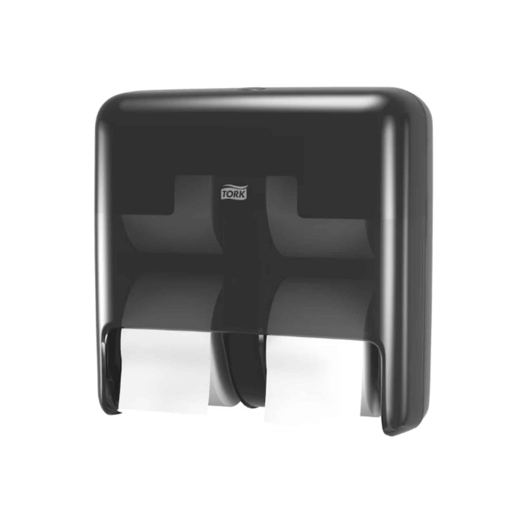 Tork T7 OptiServe toiletpapirdispenser 558052 i sort med høj kapacitet, berøringsfri udrulning, pladsbesparende og bæredygtig.