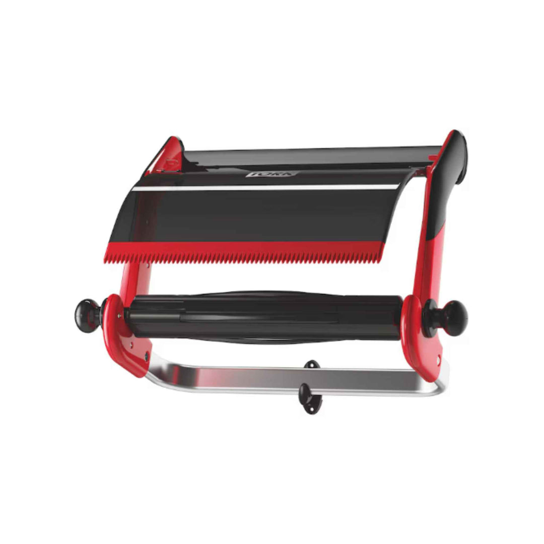 Tork 652108 W1 vægstativ i rød med høj kapacitet, nem genopfyldning, professionel aftørring og pladsbesparende vægmontering.