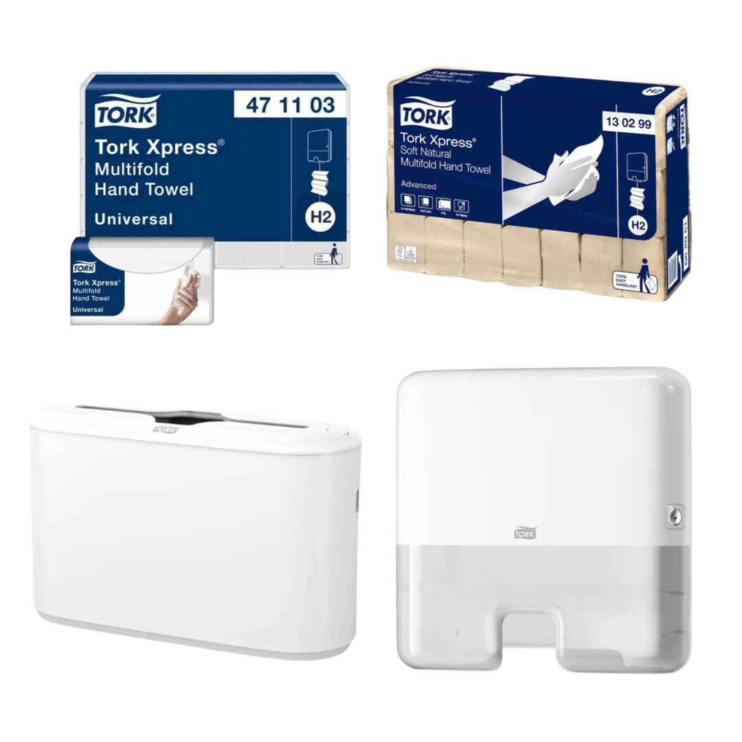 Udforsk Tork H2-serien: Håndklædeark og dispensere til effektiv og hygiejnisk håndaftørring.