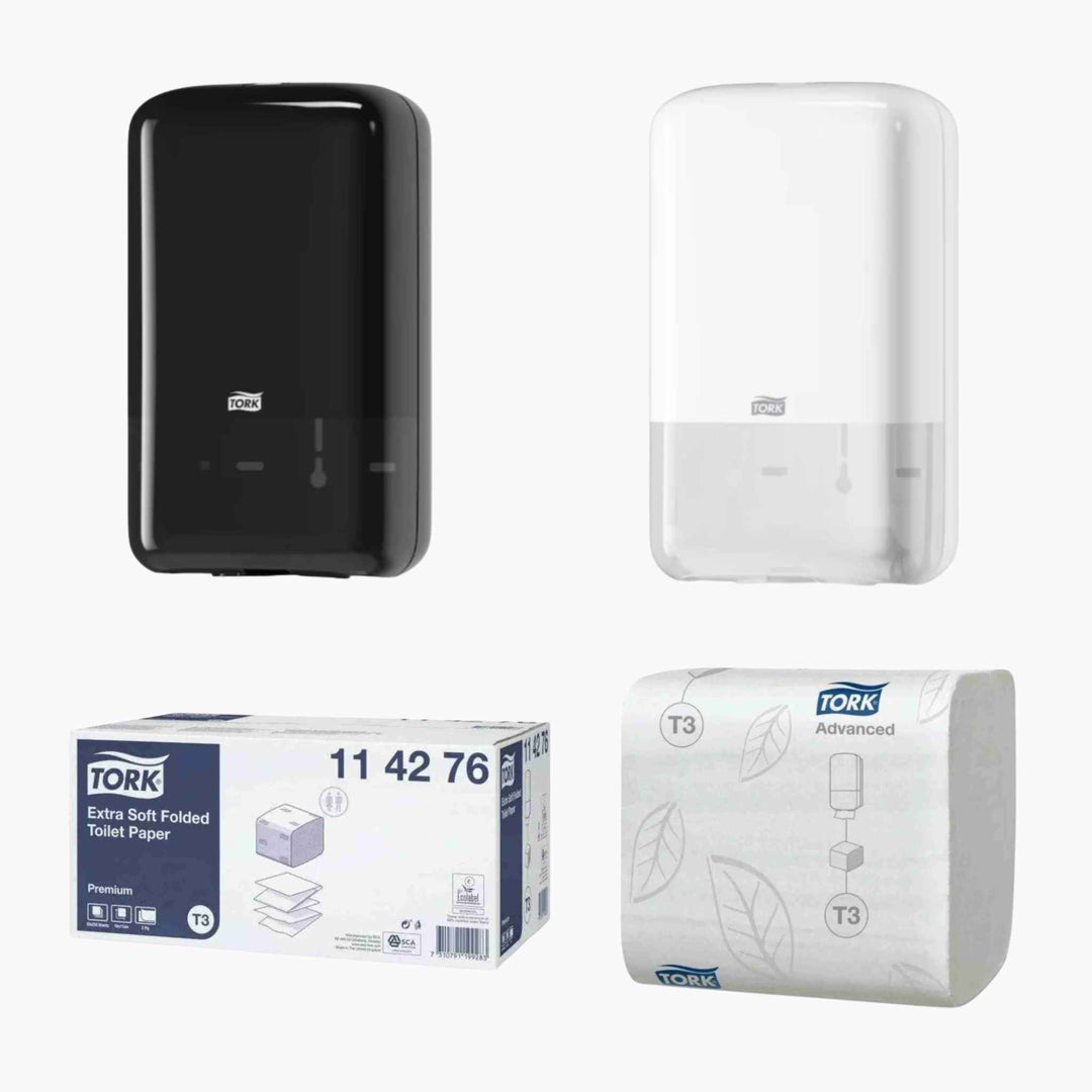 Tork T3-serien: Toiletpapir og dispensere til lav til moderat brugertrafik.