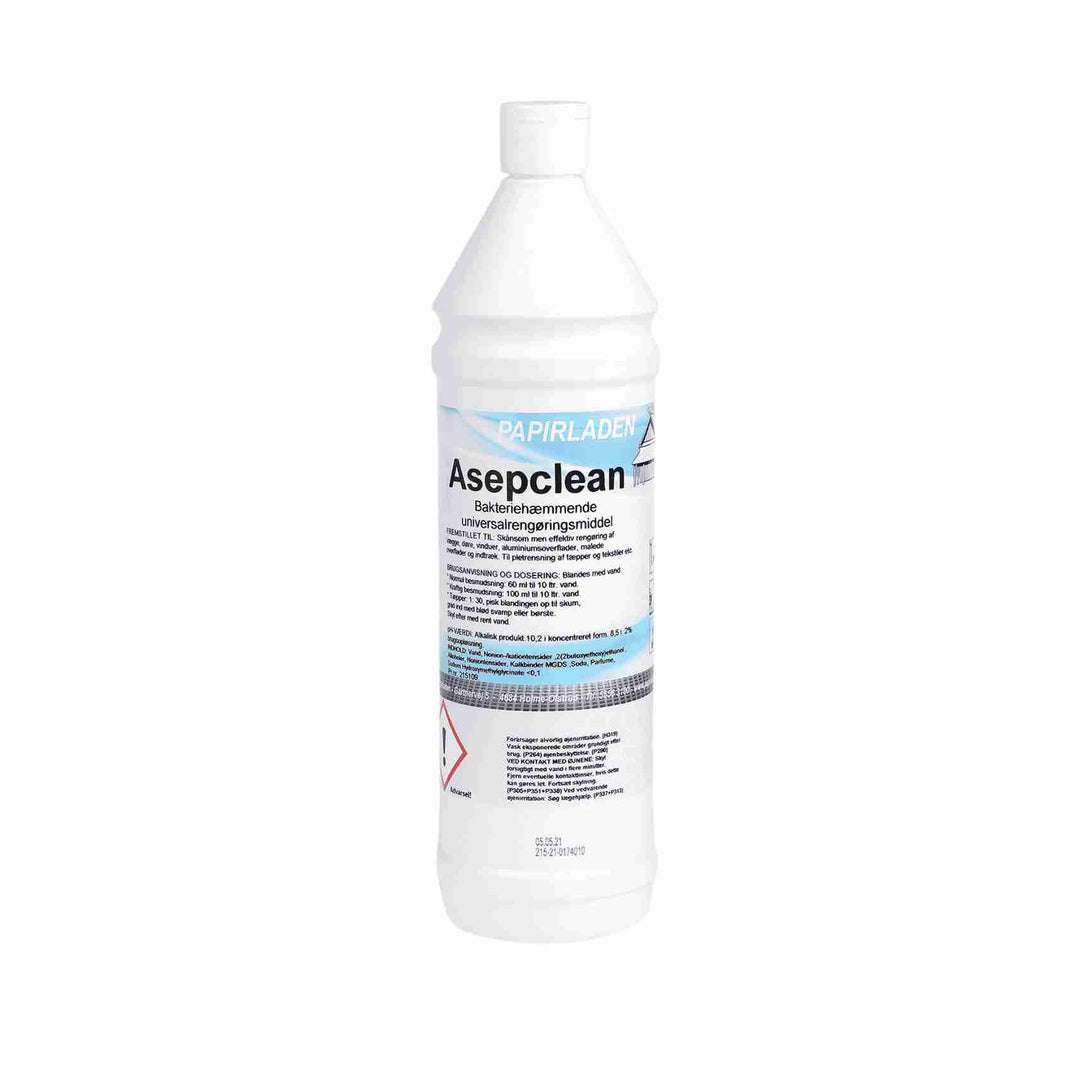 Asepclean bakteriehæmmende universalrengøring 1 liter. Effektiv mod sekret og snavs. Velegnet til døre, vægge, tæpper og tekstiler. Ikke et desinfektionsmiddel.