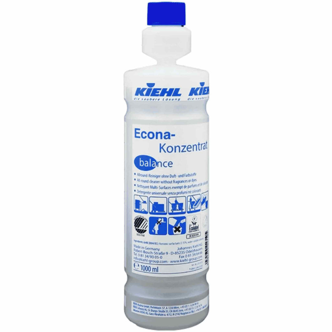 Kiehl Econa-Konzentrat Balance universalrengøring 1 liter. Miljøvenlig og materialeskånsom. Stribefri og hurtigtørrende. Uden farve og duft.