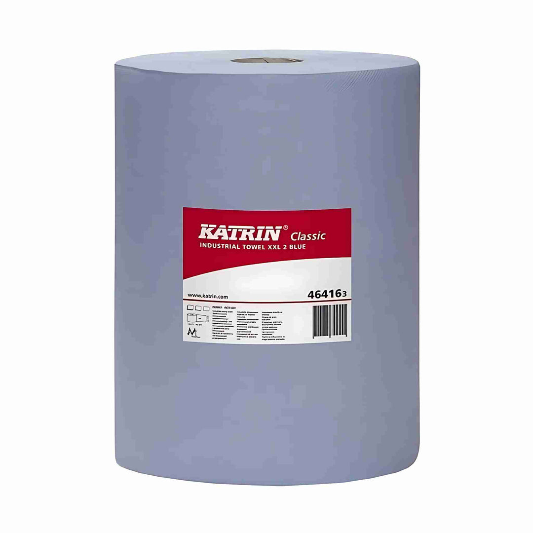 Værkstedsrulle Katrin Basic, 380 m. Blødt og stærkt 2-lags papir. Svanemærket og velegnet til gulvstativ i værksteder og industri.