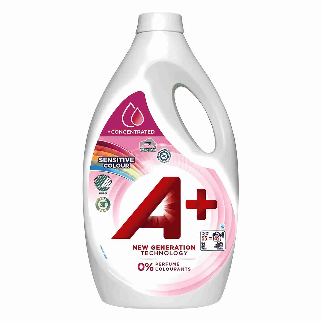 Ariel A+ Sensitive vaskemiddel 2,2 liter. Uden parfume og farve. Skånsom mod farvede tekstiler. Astma & Allergi-mærket og Svanemærket.