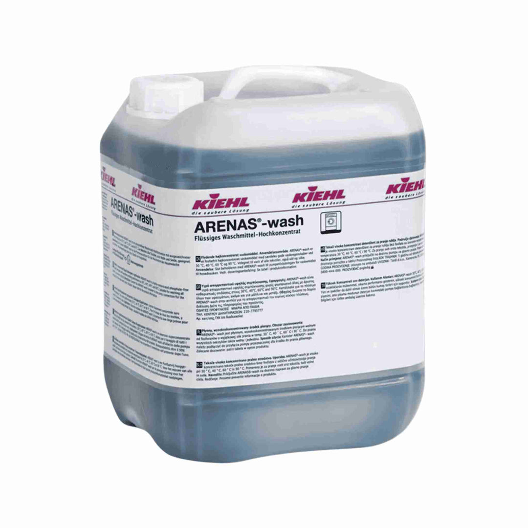 Kiehl Arenas Wash vaskemiddel 10 liter. Højkoncentreret og effektiv ved 30-90°C. Velegnet til alle tekstiler inkl. uld og silke. Skånsom og fleksibel.