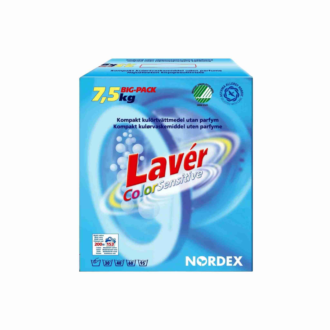 Svanemærket, parfumefrit vaskepulver til farvet tøj, effekt 30–95 °C, 7,5 kg til ca. 200 vaske.