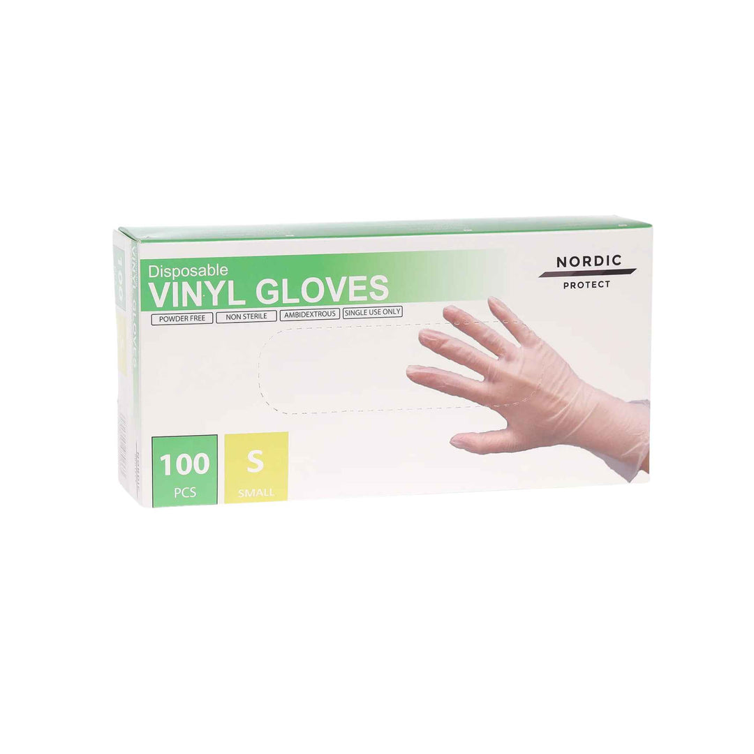 Vinylhandsker Nordic Protect, pudderfri, gennemsigtige, str. S. Latexfri og fødevaregodkendte. Ideelle til hygiejnisk arbejde og engangsbrug.
