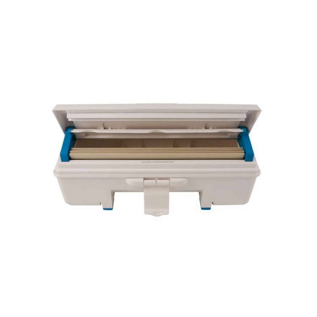 Dispenser til 30 cm Wrapmaster staniol og film, robust, enkel ét‑hånds betjening med savtakker og opvaskemaskinesikker.