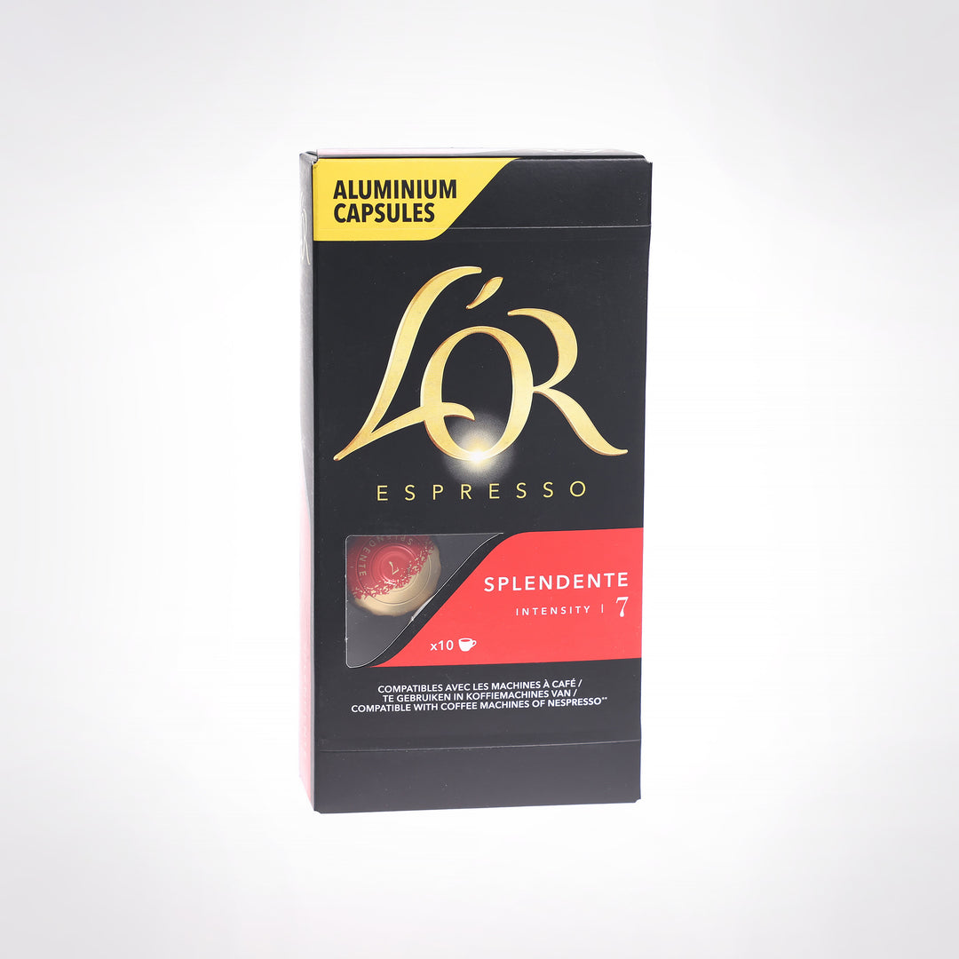 Kaffekapsler Lór Espresso Splendente. 100% mørkristede arabicabønner med noter af nødder og citrus. Har en intensitet på 7/10.