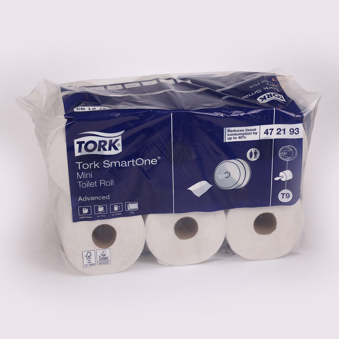 Toiletpapir Tork T9 Smart One Mini i 2 lag hos Cares.dk. Høj komfort og kapacitet, der mindsker dit papirforbrug med op mod 40%