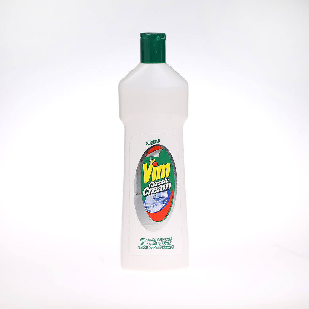 Det effektive flydende skuremiddel VIM Classic Cream, 500 ml. bekæmper effektivt kalk og snavs i køkkenet og badet.