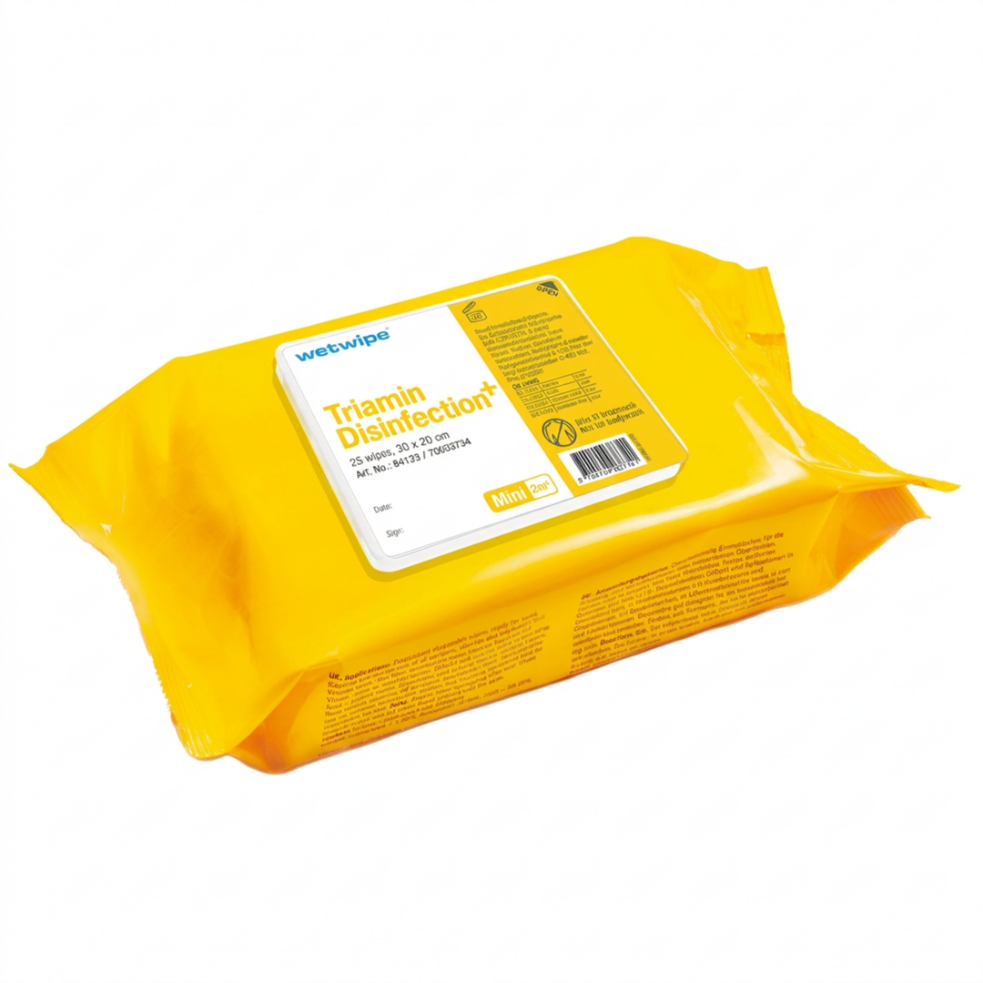Desinfektionsservietter Triamin Mini i gul pakke med 25 imprægnerede klude af nonwoven, 30x20 cm