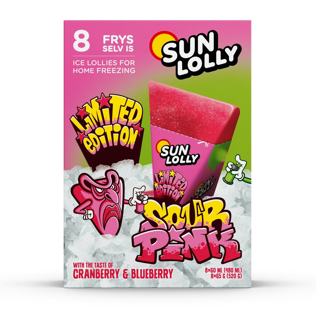 Frys-selv is Sun Lolly Sour Pink med tranebær og blåbær, pakke med 8 is
