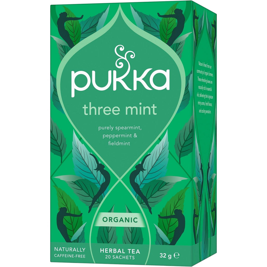 Te Pukka Three Mint økologisk urtete med 20 tebreve, blanding af tre myntearter, koffeinfri