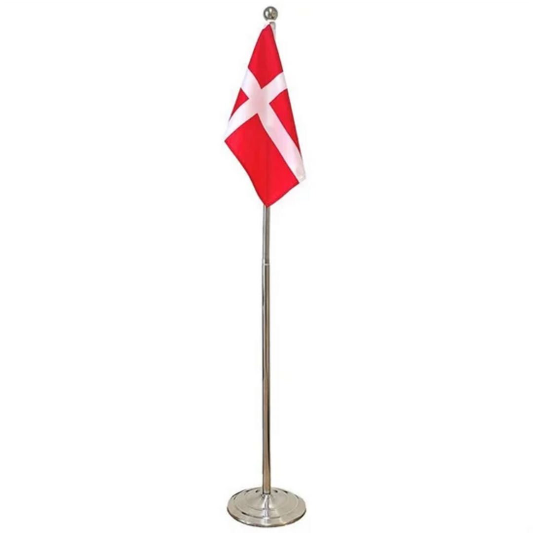 Gulvflag i metal med justerbar højde 113-192 cm og Dannebrog-flag, komplet sæt med rustfri stålstang