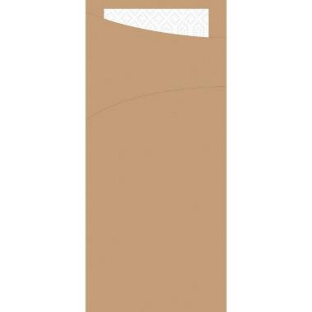 Servietlomme Sachetto eco brun med FSC-certificeret hvid 2-lags serviet 33×33 cm og bestiklomme