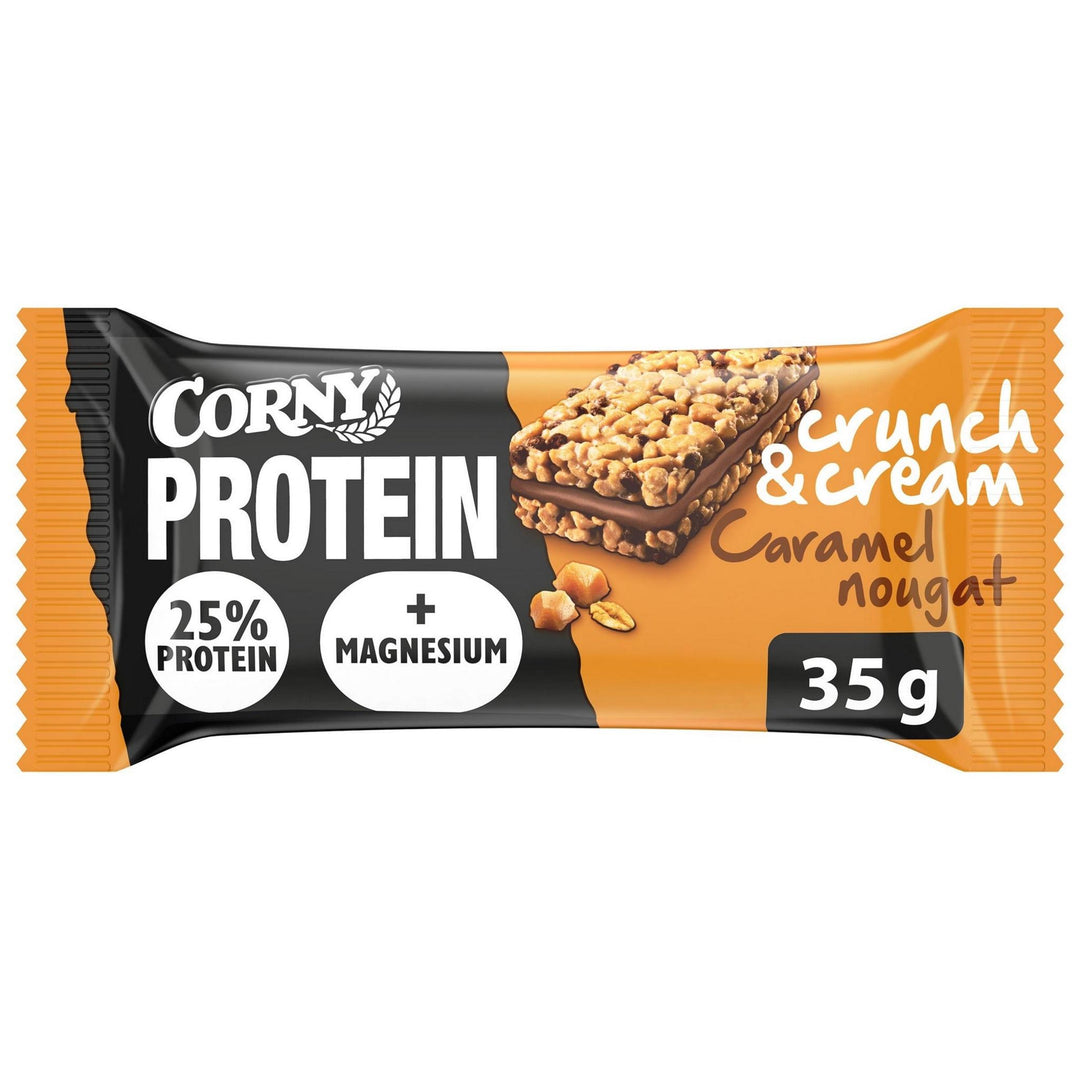 Proteinbar Corny Protein Crunch &amp; Cream Caramel Nougat 35 g, æske med 24 stk og 25% protein