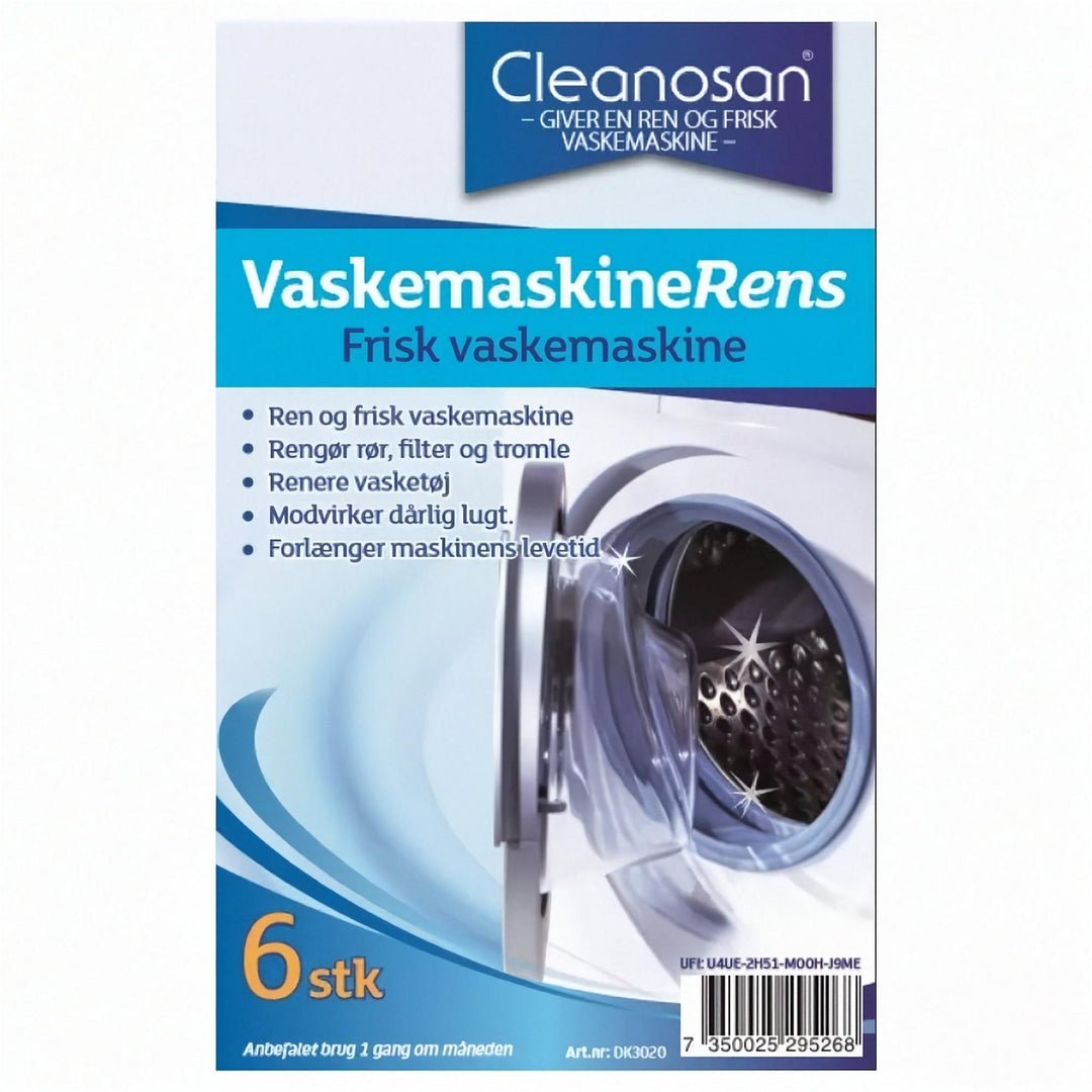 Vaskemaskinerens doseringstabletter i vandopløselig folie, pakke med 6 stk til rens af tromlen