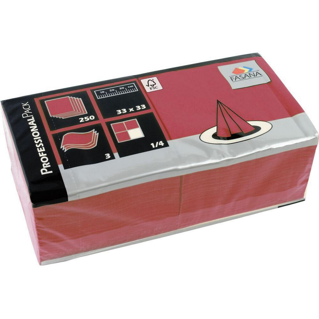 Servietter i bordeaux, 3-lags 33x33 cm, 1/4-fold, pakke med 250 stk