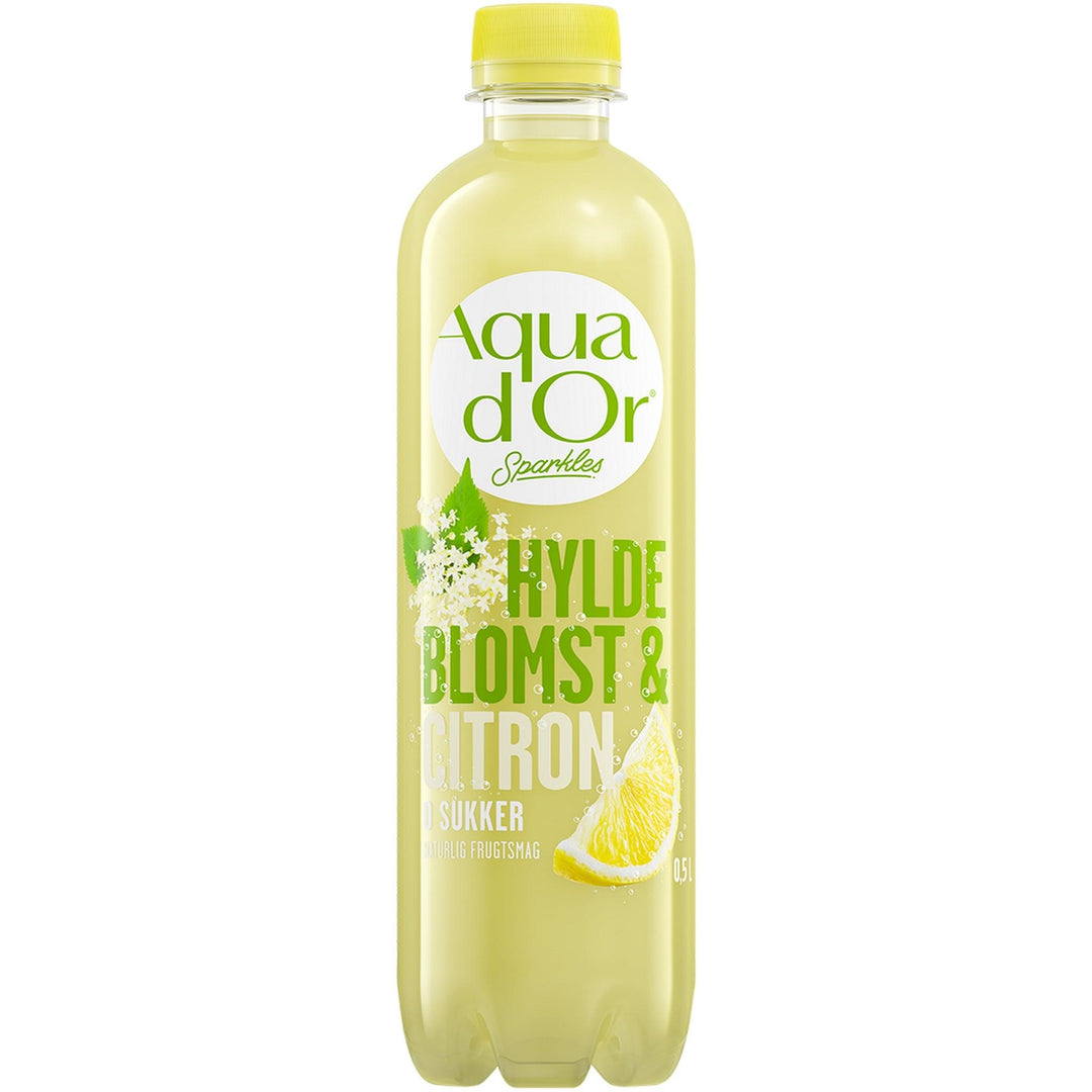 Læskedrik Aqua d’Or Sparkles hyldeblomst og citron, kulsyreholdig mineralvand, 0,5 liter flaske, 0 g sukker