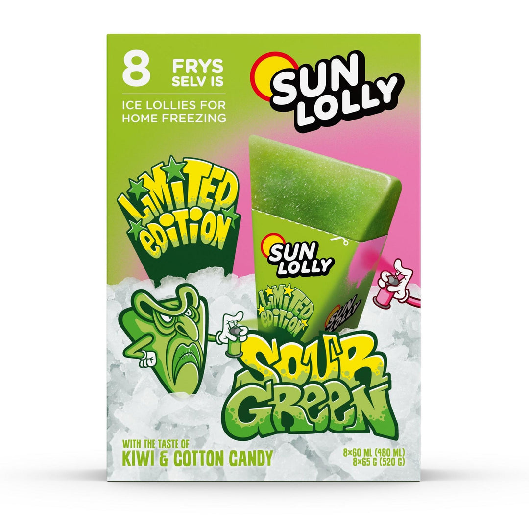 Fryse-selv is Sun Lolly Sour Green med kiwi og cotton candy, pakke med 8 stk 65 g hver