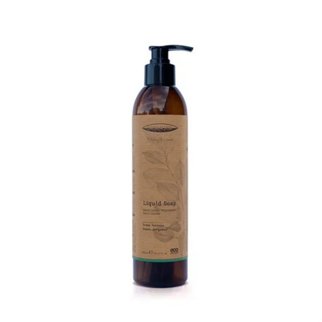 Flydende sæbe 360 ml i brun PET-flaske med sort pumpe, Fresh Verbena og Sweet Bergamot duft