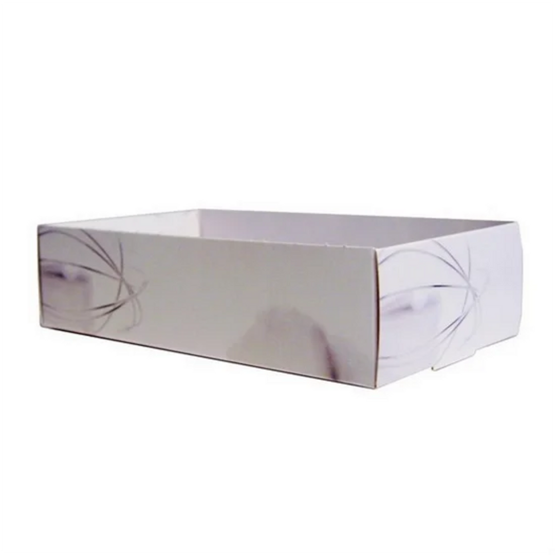 Rugbrødsæsker i hvidt mønstret nyfiberkarton til transport af smørrebrød, 175x100x45 mm, 250 stk pr kolli