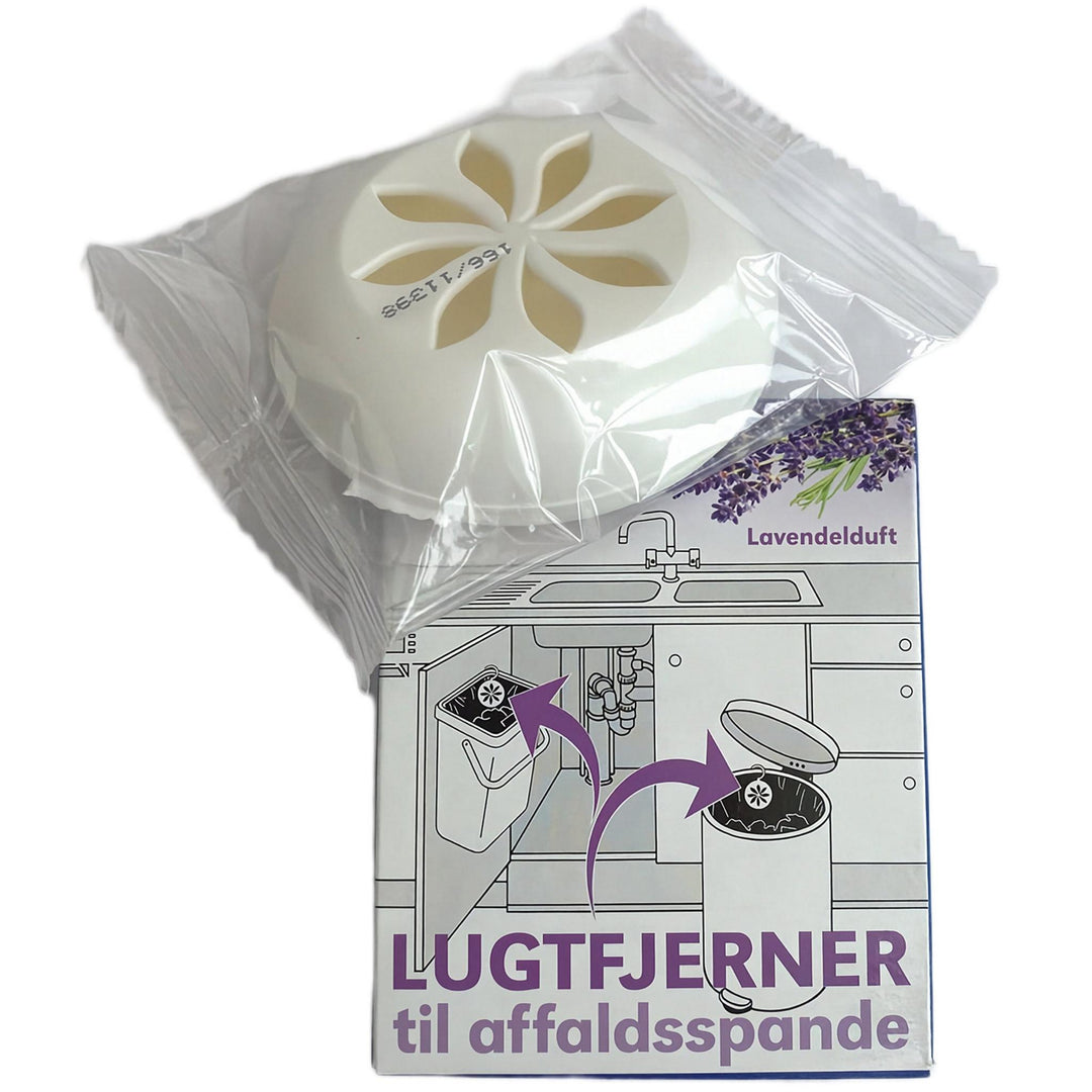 Lugtfjerner til affaldsspande i klar plast med krog, neutraliserer lugt og efterlader lavendelduft