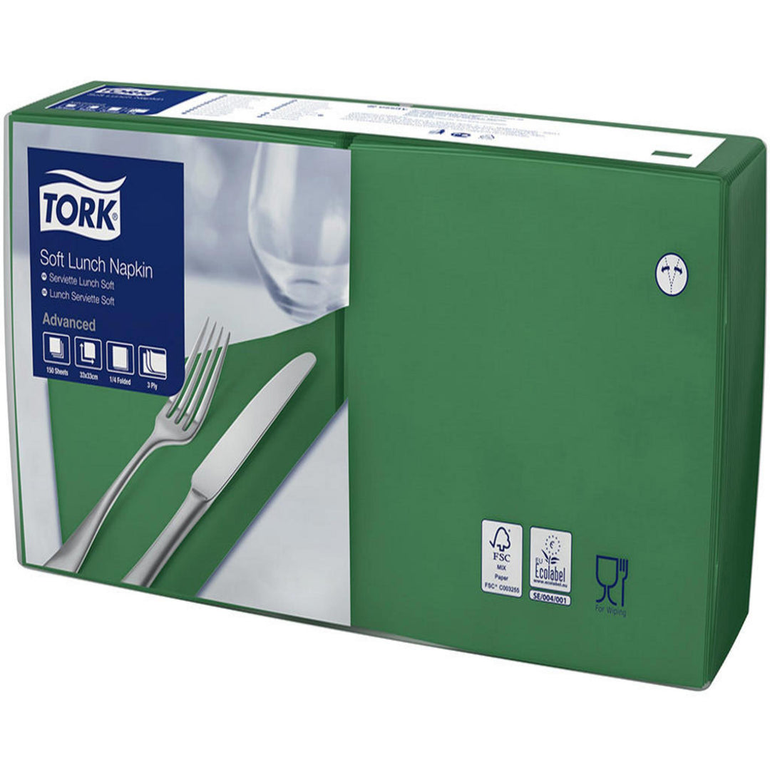 Servietter mørkegrønne Tork Advanced 3-lags nyfiber 33x33 cm, 1/4 fold, 1500 stk pr karton