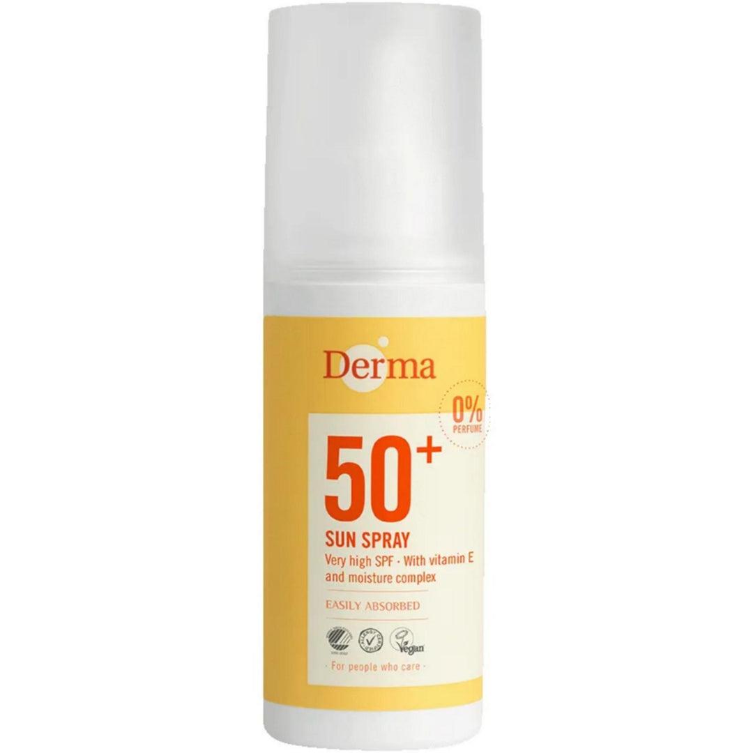 Solcreme spray Derma SPF50, vandfast og parfumefri, giver høj UVA- og UVB-beskyttelse til hele familien