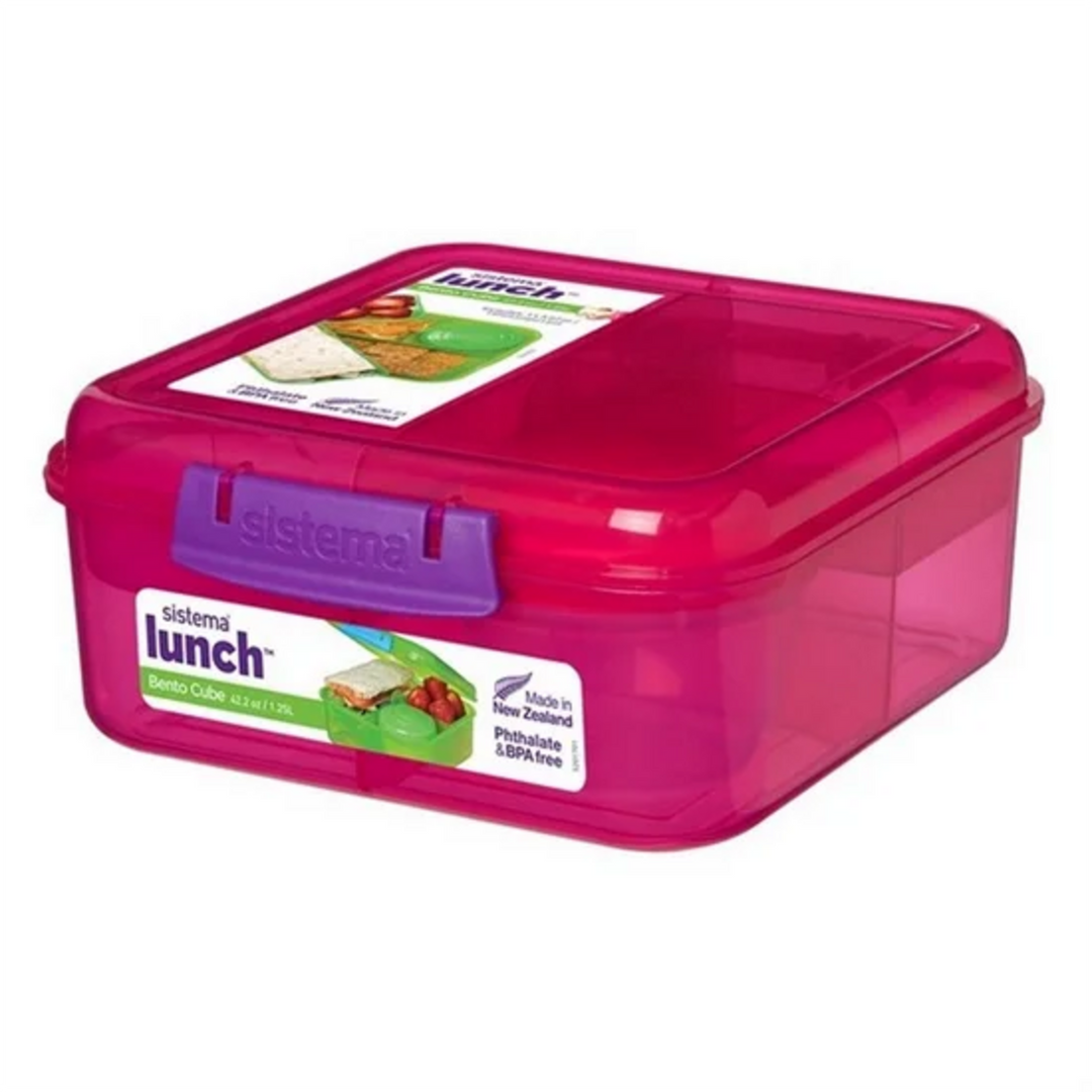 Madkasse 1,25L pink Sistema Bento Cube med to rum og yoghurtpotte 150 ml
