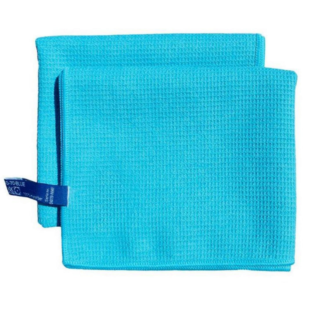 Viskestykke i blå microfiber med fnugfri vaffelvævet struktur og strop til ophæng 40 x 70 cm