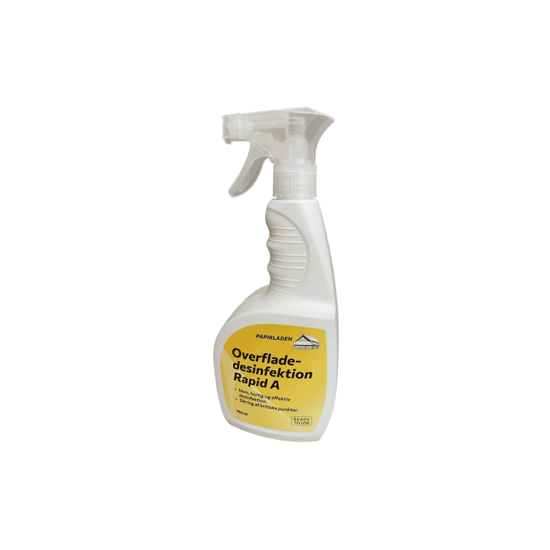 Rapid A desinfektionsspray 750 ml. Fødevaregodkendt og klar til brug. Effektiv til overfladedesinfektion. Velegnet til køkkener og sundhedssektoren.